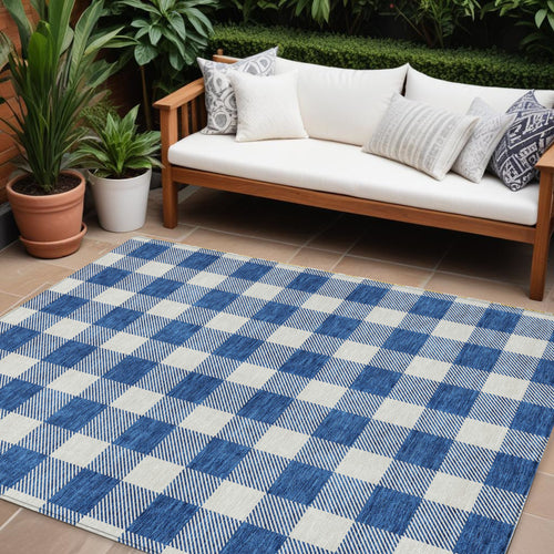 10 X 14 Navy Blue And Gray Plaid Washable Indoor Outdoor Area Rug