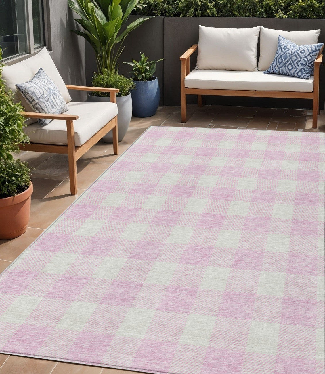 5 X 8 Pink And Gray Plaid Washable Indoor Outdoor Area Rug
