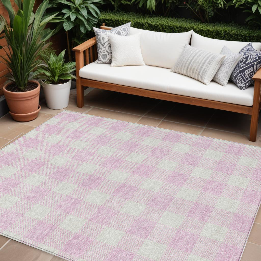 10 X 14 Pink And Gray Plaid Washable Indoor Outdoor Area Rug