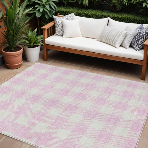 10 X 14 Pink And Gray Plaid Washable Indoor Outdoor Area Rug