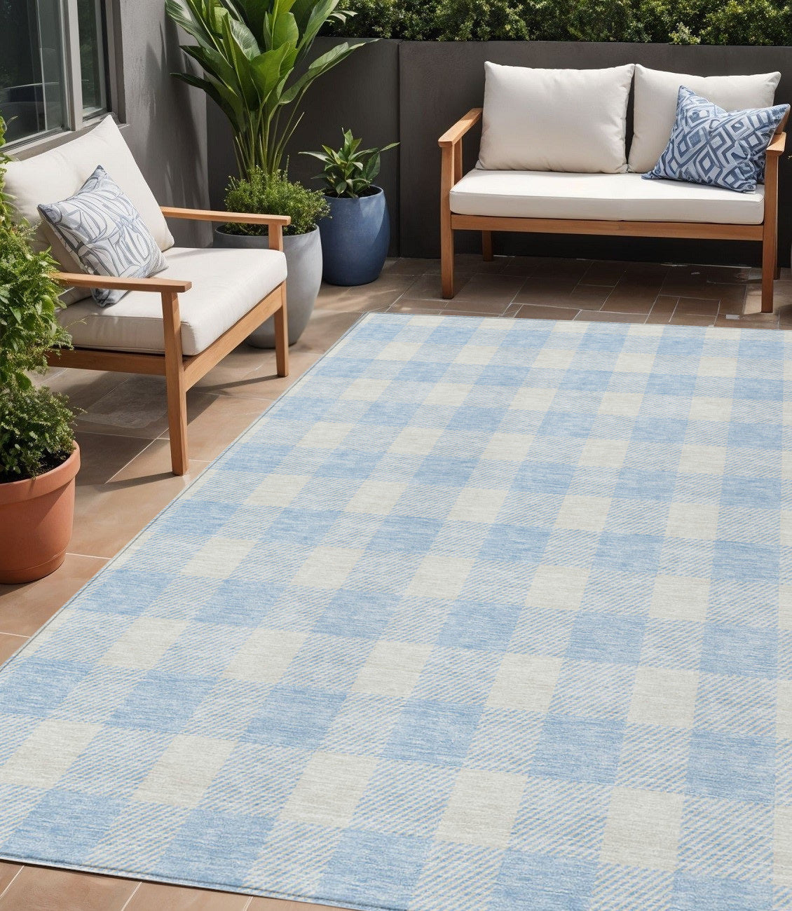 5 X 8 Sky Blue And Gray Plaid Washable Indoor Outdoor Area Rug
