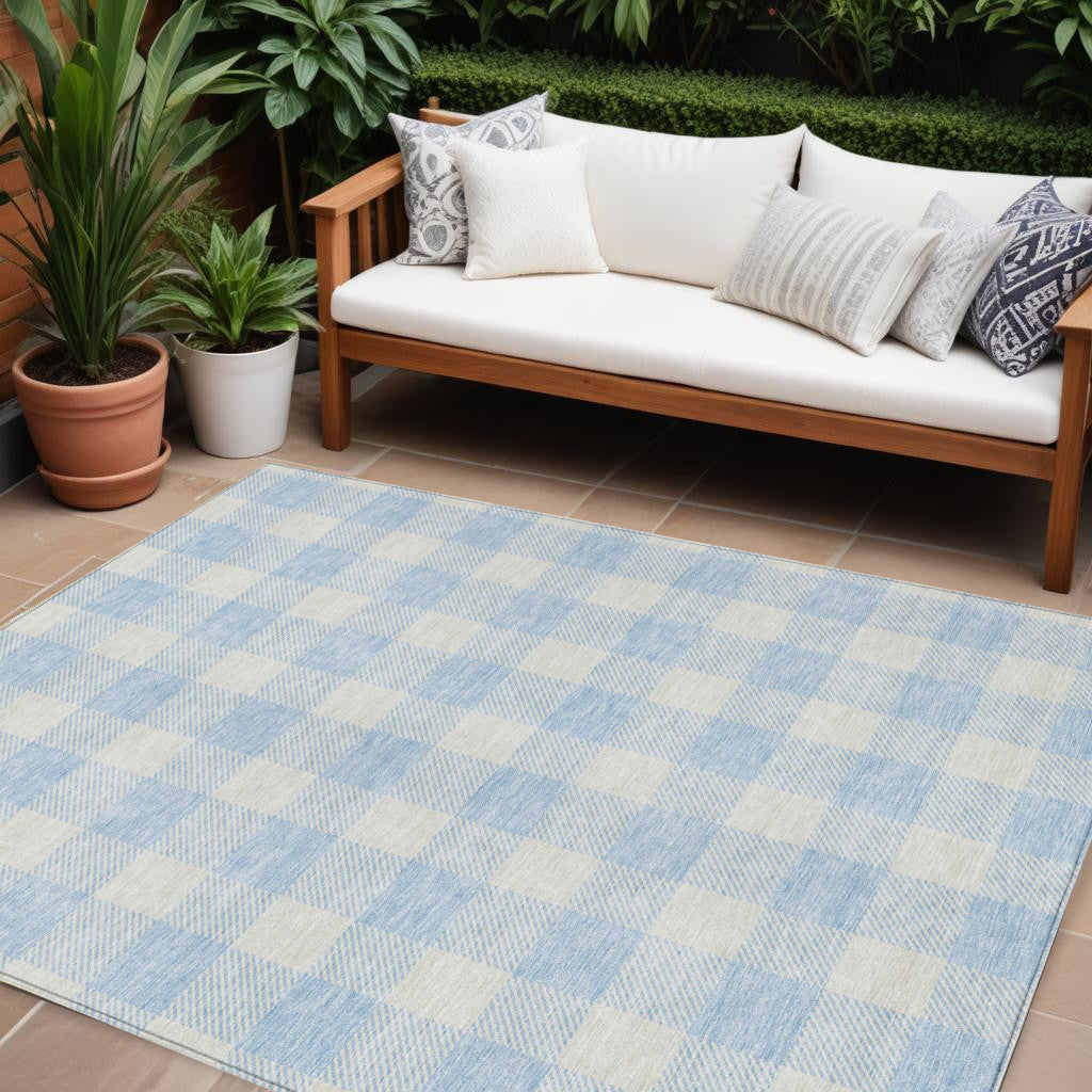 10 X 14 Sky Blue And Gray Plaid Washable Indoor Outdoor Area Rug