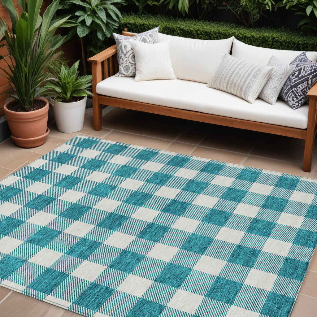 8 X 10 Teal Blue And Gray Plaid Washable Indoor Outdoor Area Rug