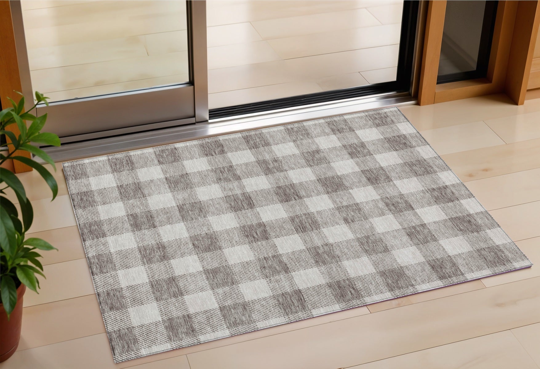 3 X 5 Taupe And Gray Plaid Washable Indoor Outdoor Area Rug