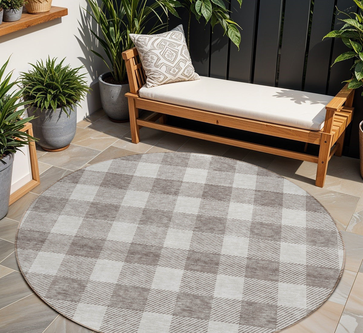 8 Taupe And Gray Round Plaid Washable Indoor Outdoor Area Rug
