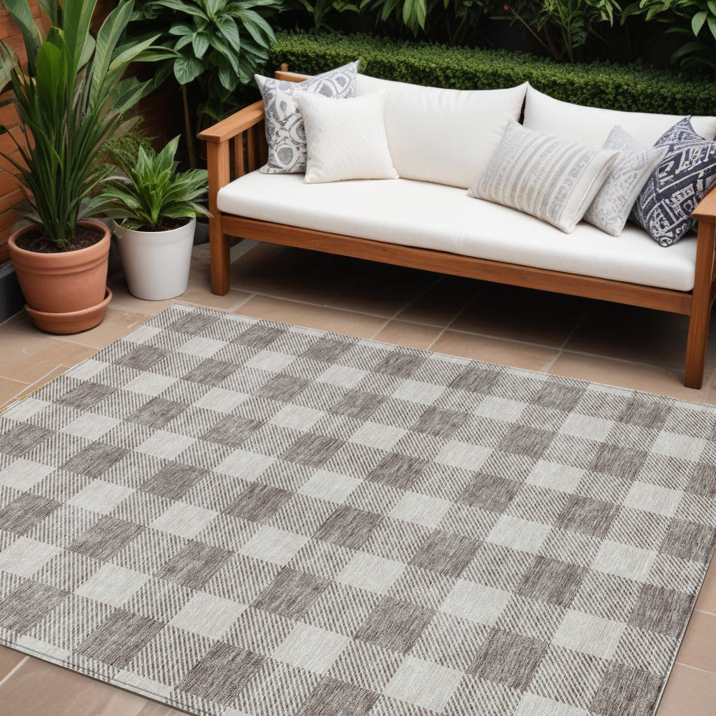 10 X 14 Taupe And Gray Plaid Washable Indoor Outdoor Area Rug