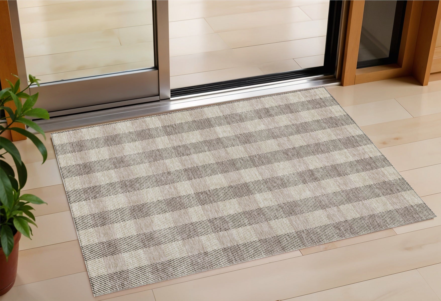 3 X 5 Beige And Brown Plaid Washable Indoor Outdoor Area Rug