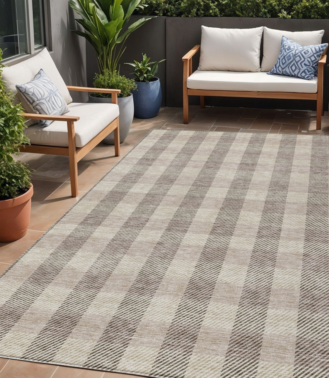 5 X 8 Beige And Brown Plaid Washable Indoor Outdoor Area Rug