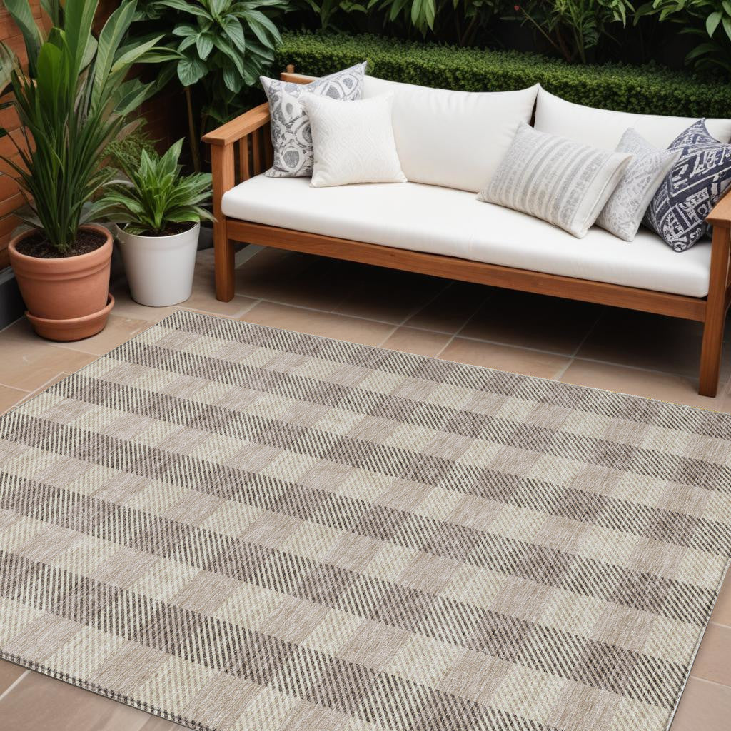 8 X 10 Beige And Brown Plaid Washable Indoor Outdoor Area Rug