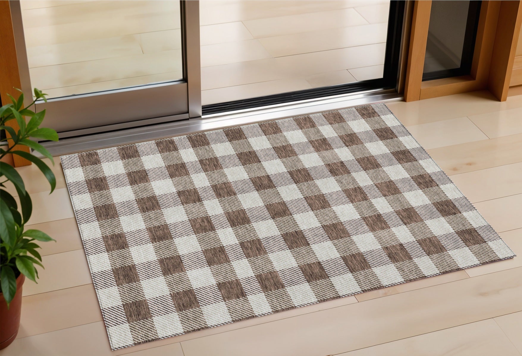 3 X 5 Brown And Beige Plaid Washable Indoor Outdoor Area Rug