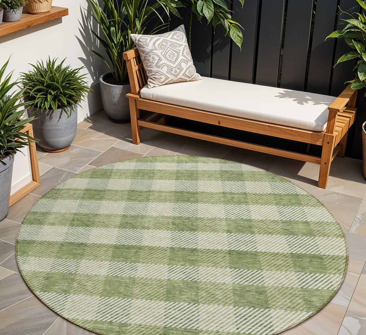8 Green And Light Green Round Plaid Washable Indoor Outdoor Area Rug