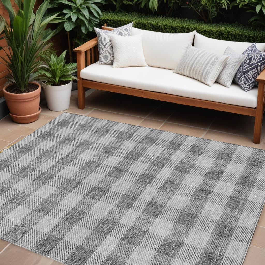 9 X 12 Gray And Charcoal Plaid Washable Indoor Outdoor Area Rug