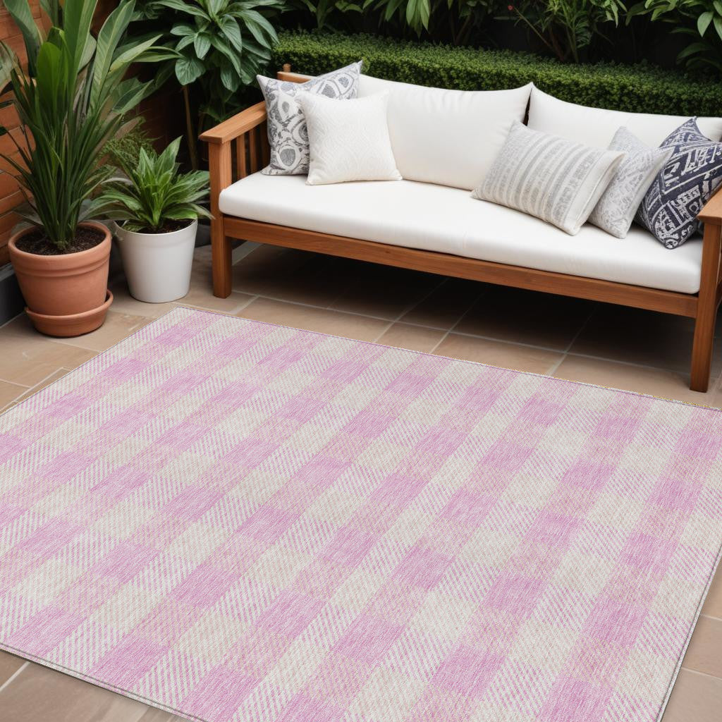 9 X 12 Pink And Gray Plaid Washable Indoor Outdoor Area Rug