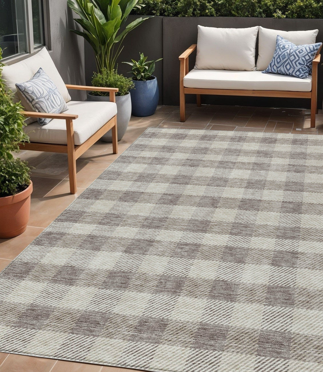 5 X 8 Taupe And Gray Plaid Washable Indoor Outdoor Area Rug
