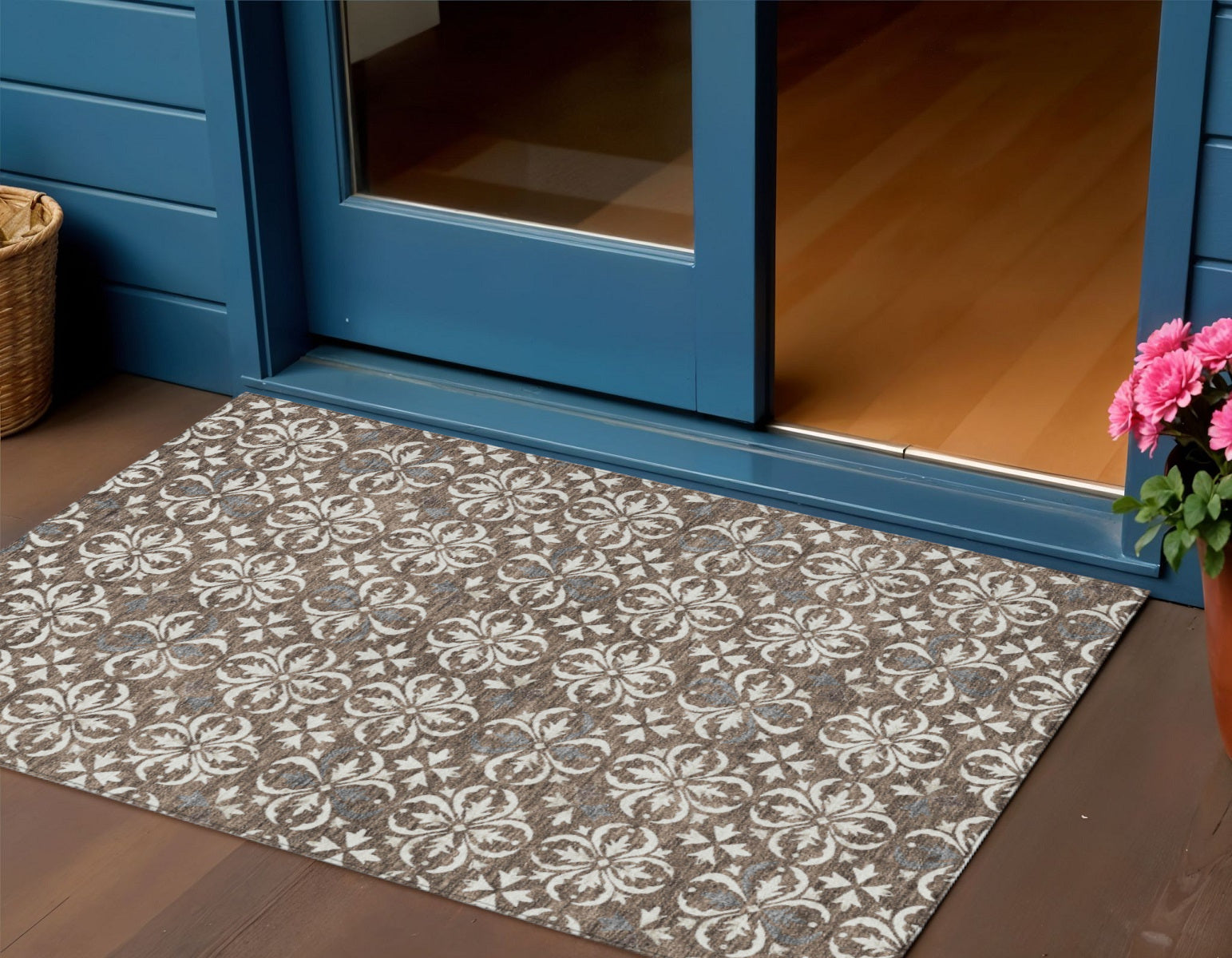 3 X 5 Brown Gray And Beige Floral Washable Indoor Outdoor Area Rug