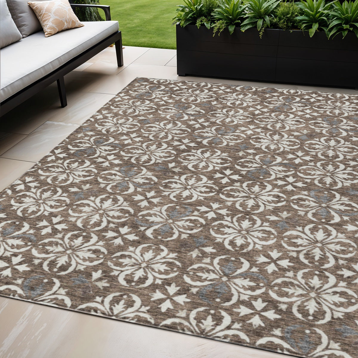5 X 8 Brown Gray And Beige Floral Washable Indoor Outdoor Area Rug