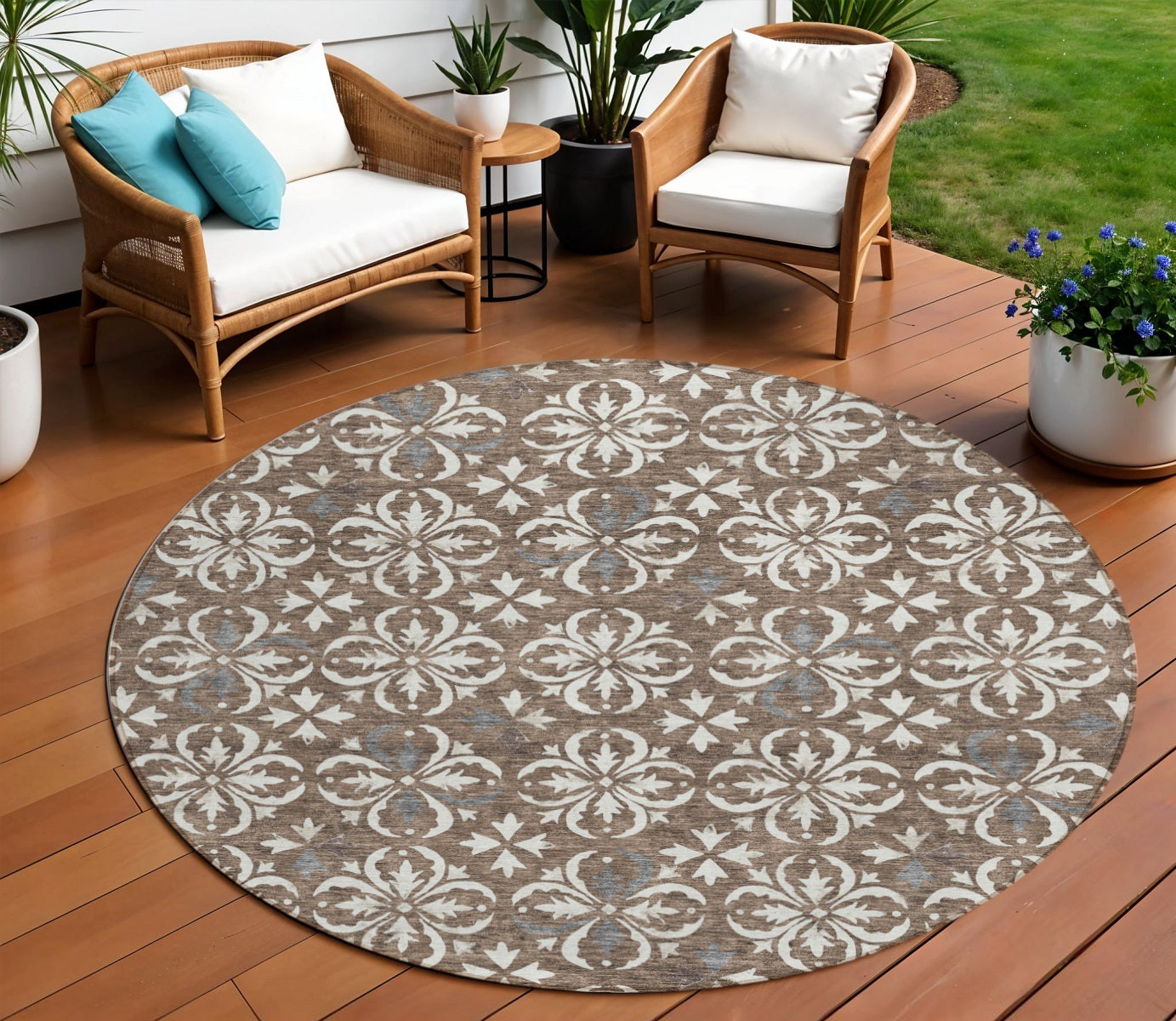 8 Brown Gray And Beige Round Floral Washable Indoor Outdoor Area Rug