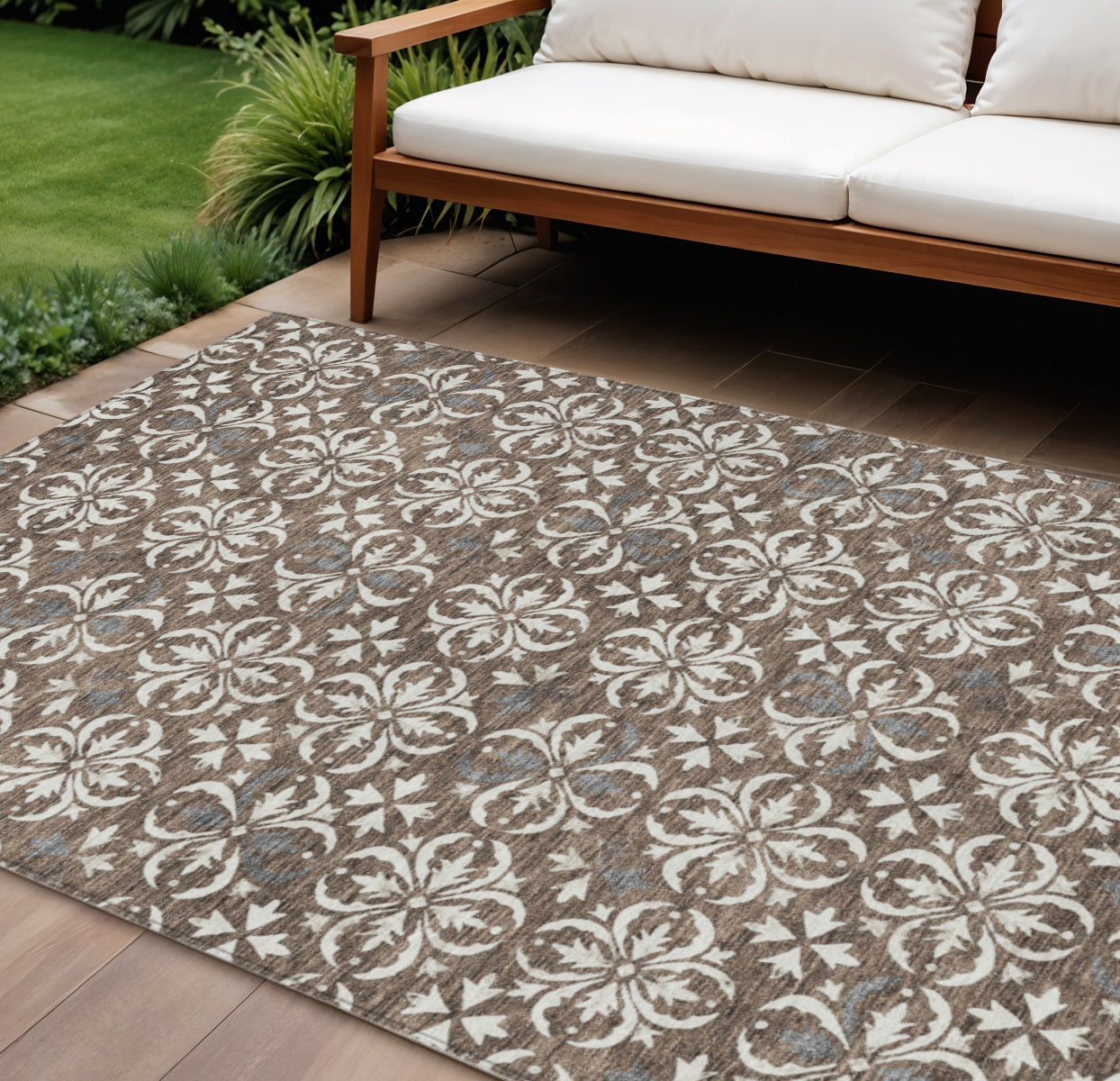 8 X 10 Brown Gray And Beige Floral Washable Indoor Outdoor Area Rug