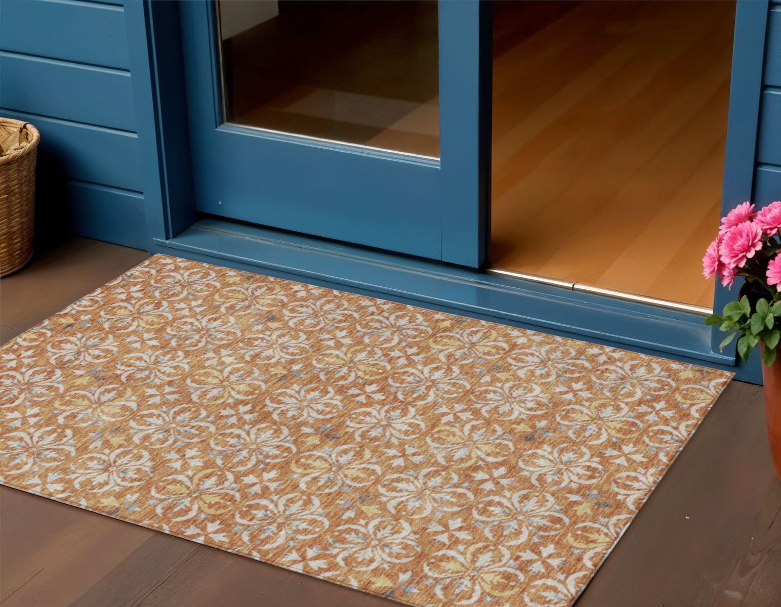 3 X 5 Copper Gray And Beige Floral Washable Indoor Outdoor Area Rug