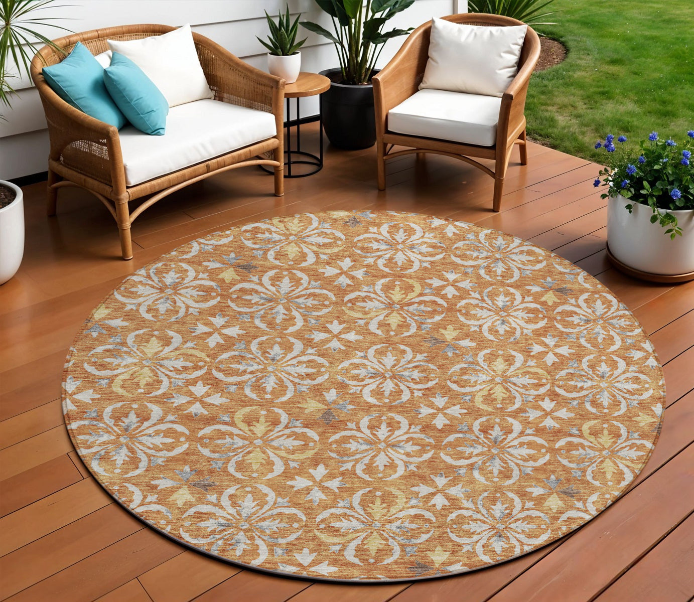 8 Copper Gray And Beige Round Floral Washable Indoor Outdoor Area Rug