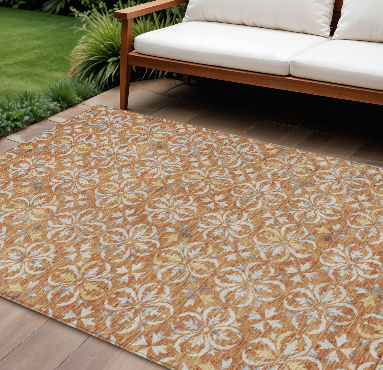 10 X 14 Copper Gray And Beige Floral Washable Indoor Outdoor Area Rug