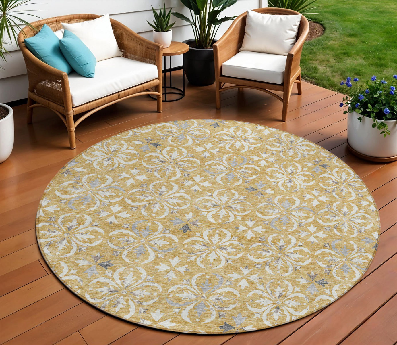 8 Gold Gray And Beige Round Floral Washable Indoor Outdoor Area Rug