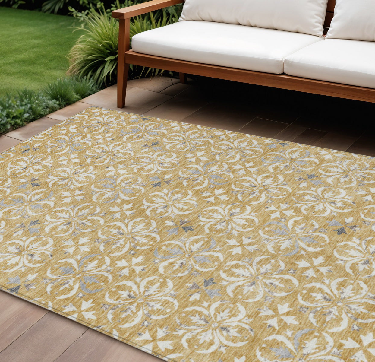 8 X 10 Gold Gray And Beige Floral Washable Indoor Outdoor Area Rug