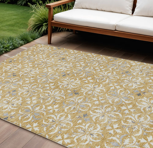 10 X 14 Gold Gray And Beige Floral Washable Indoor Outdoor Area Rug