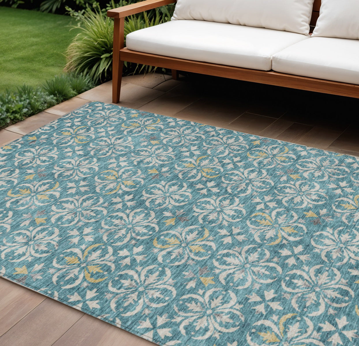 8 X 10 Teal Blue Gray And Gold Floral Washable Indoor Outdoor Area Rug