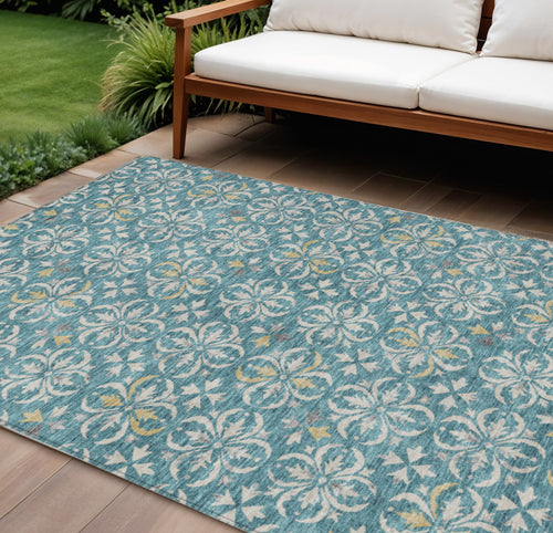 10 X 14 Teal Blue Gray And Gold Floral Washable Indoor Outdoor Area Rug