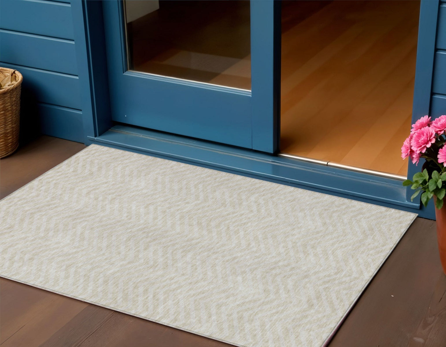 3 X 5 Beige And Gray Chevron Washable Indoor Outdoor Area Rug