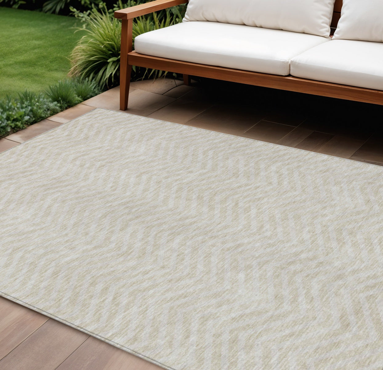 10 X 14 Beige And Gray Chevron Washable Indoor Outdoor Area Rug