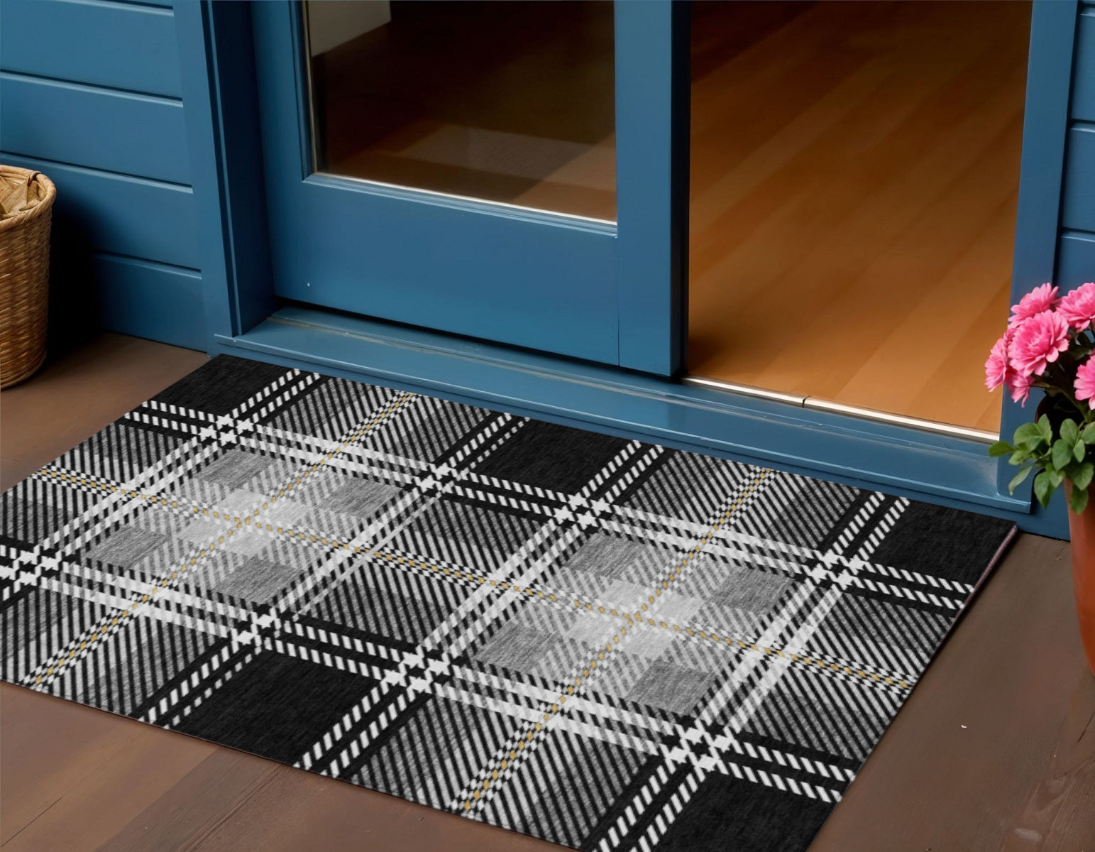 3 X 5 Black Gold And Gray Plaid Washable Indoor Outdoor Area Rug