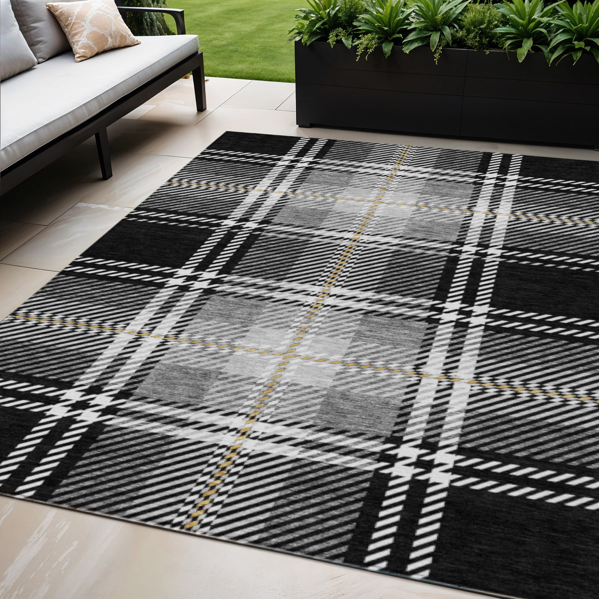 5 X 8 Black Gold And Gray Plaid Washable Indoor Outdoor Area Rug