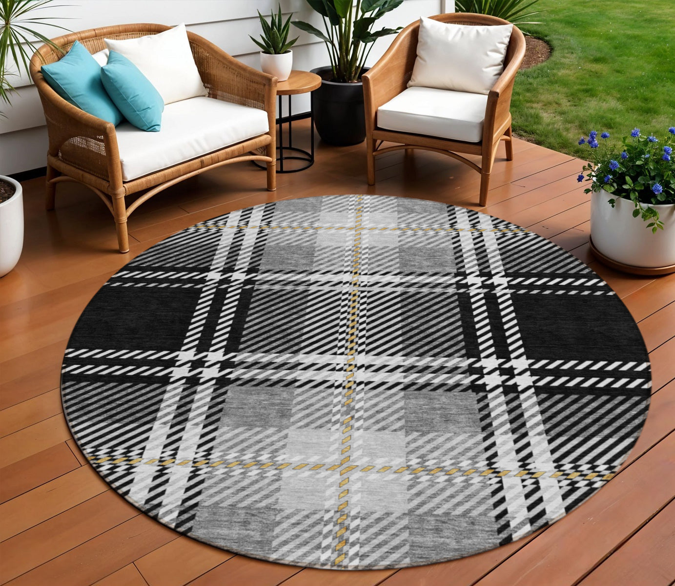 8 Black Gold And Gray Round Plaid Washable Indoor Outdoor Area Rug