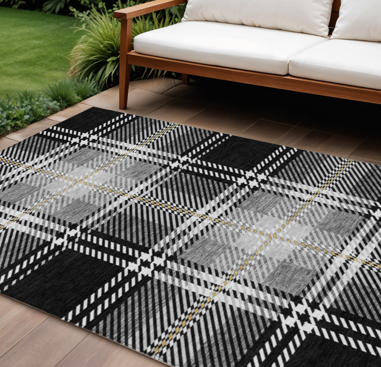 9 X 12 Black Gold And Gray Plaid Washable Indoor Outdoor Area Rug