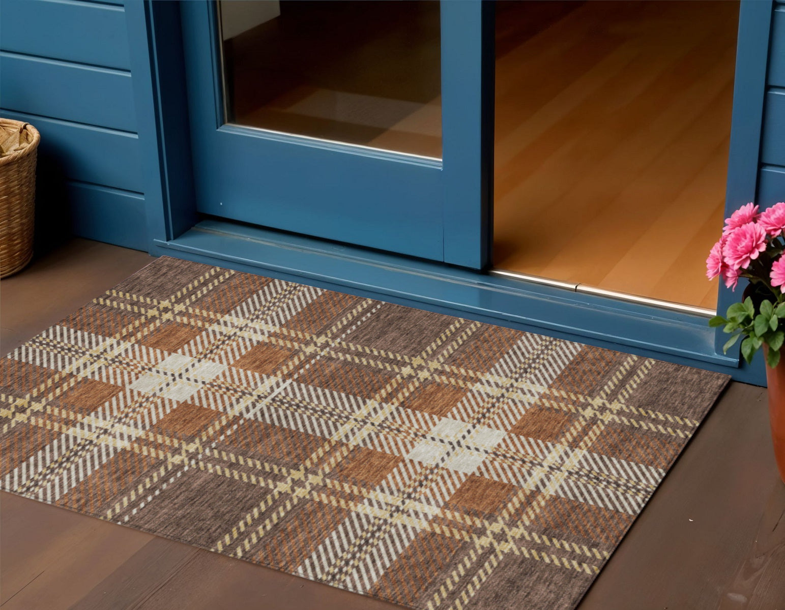 3 X 5 Chocolate Copper And Gold Plaid Washable Indoor Outdoor Area Rug