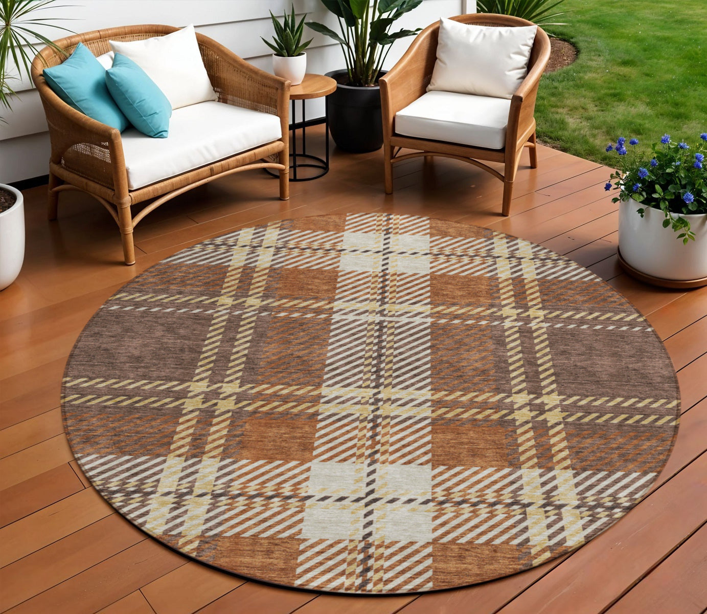 8 Chocolate Copper And Gold Round Plaid Washable Indoor Outdoor Area Rug
