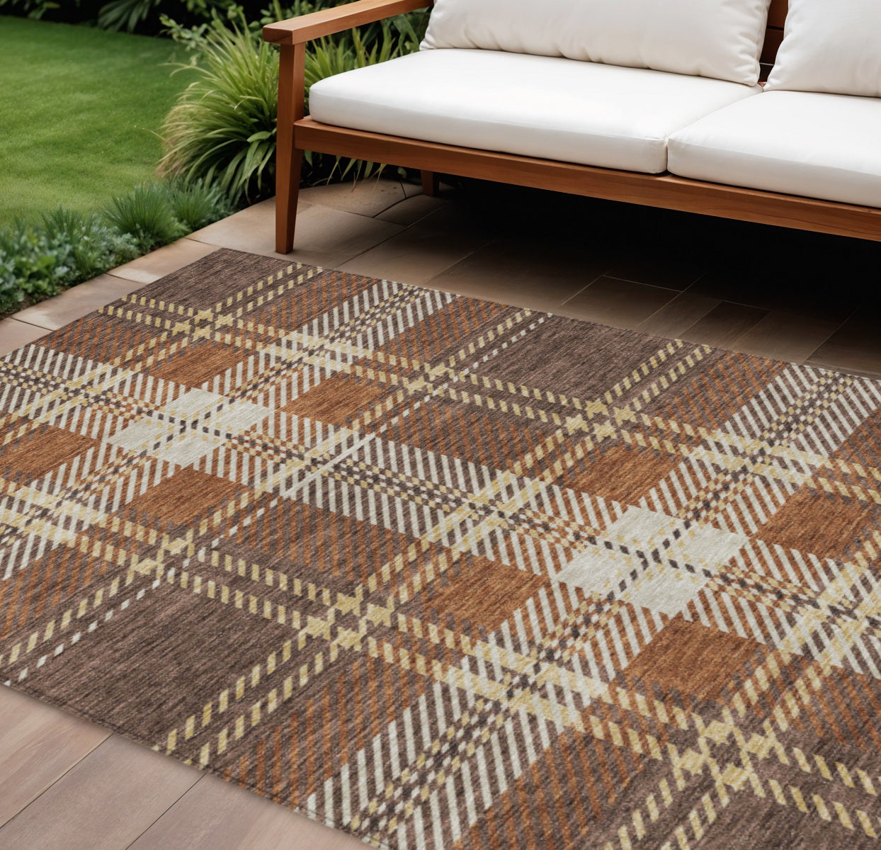 8 X 10 Chocolate Copper And Gold Plaid Washable Indoor Outdoor Area Rug