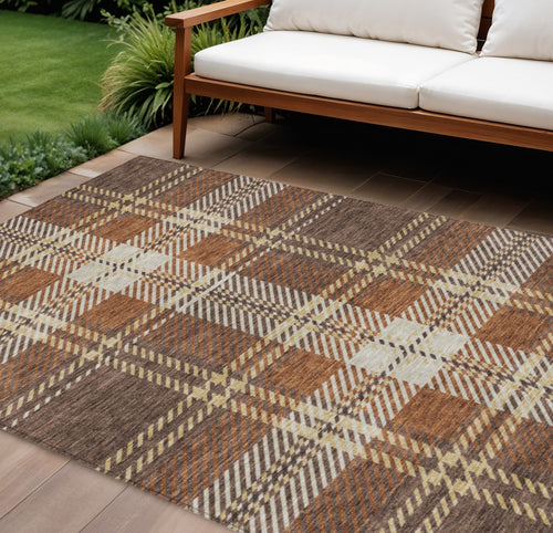 10 X 14 Chocolate Copper And Gold Plaid Washable Indoor Outdoor Area Rug