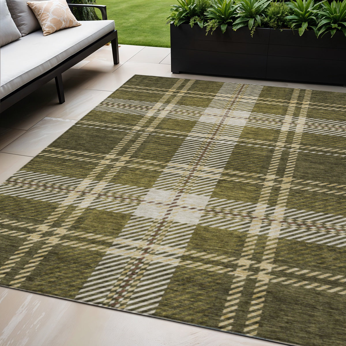 5 X 8 Olive Green Gold And Brown Plaid Washable Indoor Outdoor Area Rug