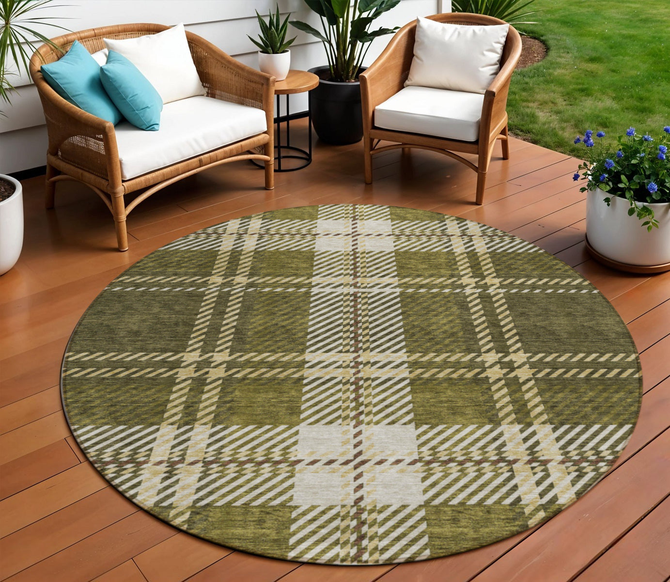 8 Olive Green Gold And Brown Round Plaid Washable Indoor Outdoor Area Rug