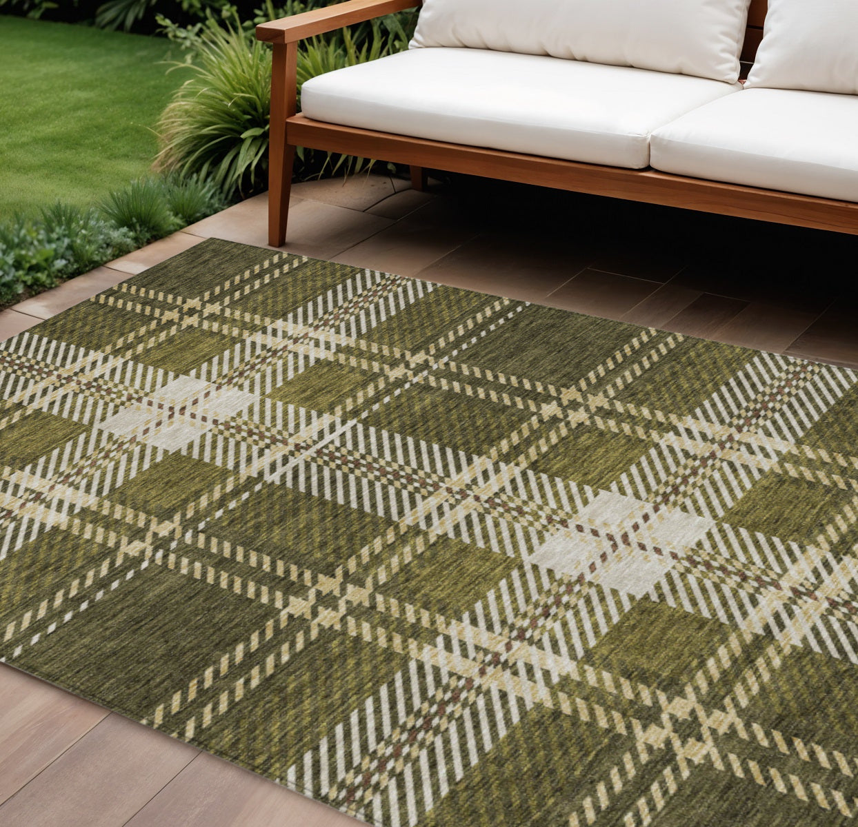 9 X 12 Olive Green Gold And Brown Plaid Washable Indoor Outdoor Area Rug