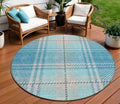 8 Teal Blue Gray And Brown Round Plaid Washable Indoor Outdoor Area Rug