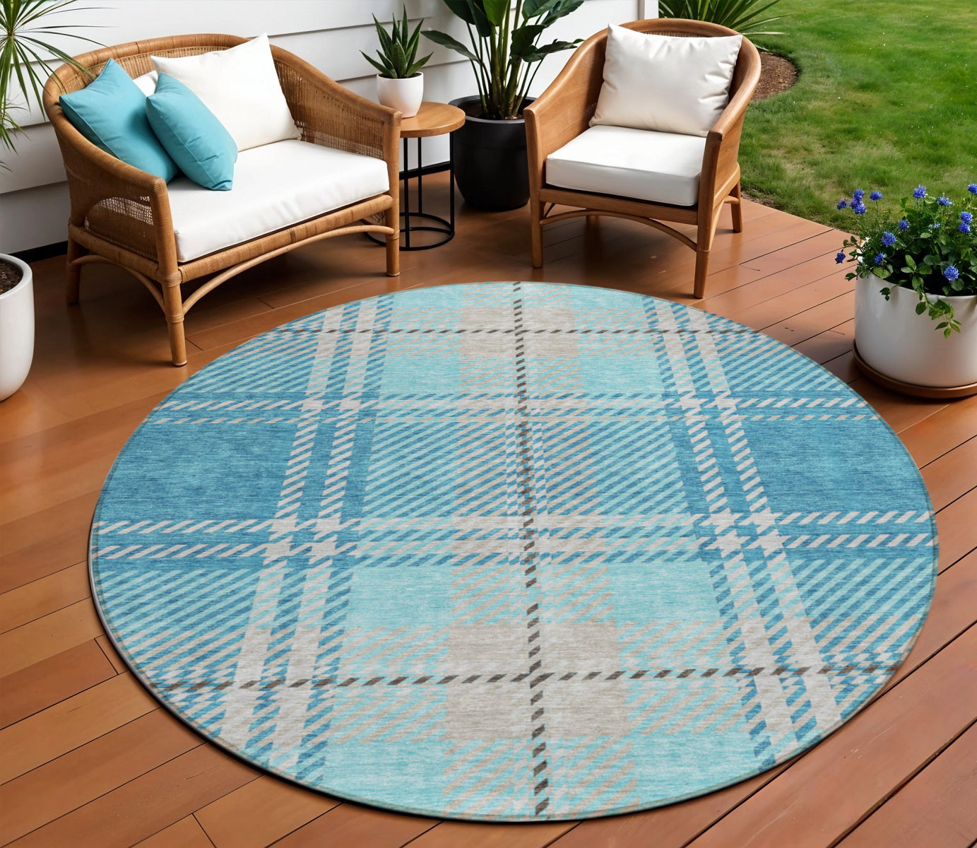 8 Teal Blue Gray And Brown Round Plaid Washable Indoor Outdoor Area Rug