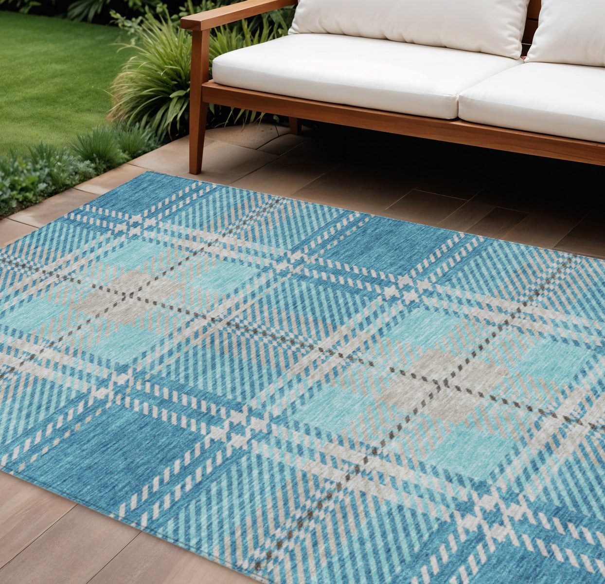 9 X 12 Teal Blue Gray And Brown Plaid Washable Indoor Outdoor Area Rug