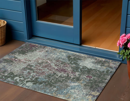 3 X 5 Fern Green And Purple Damask Washable Indoor Outdoor Area Rug