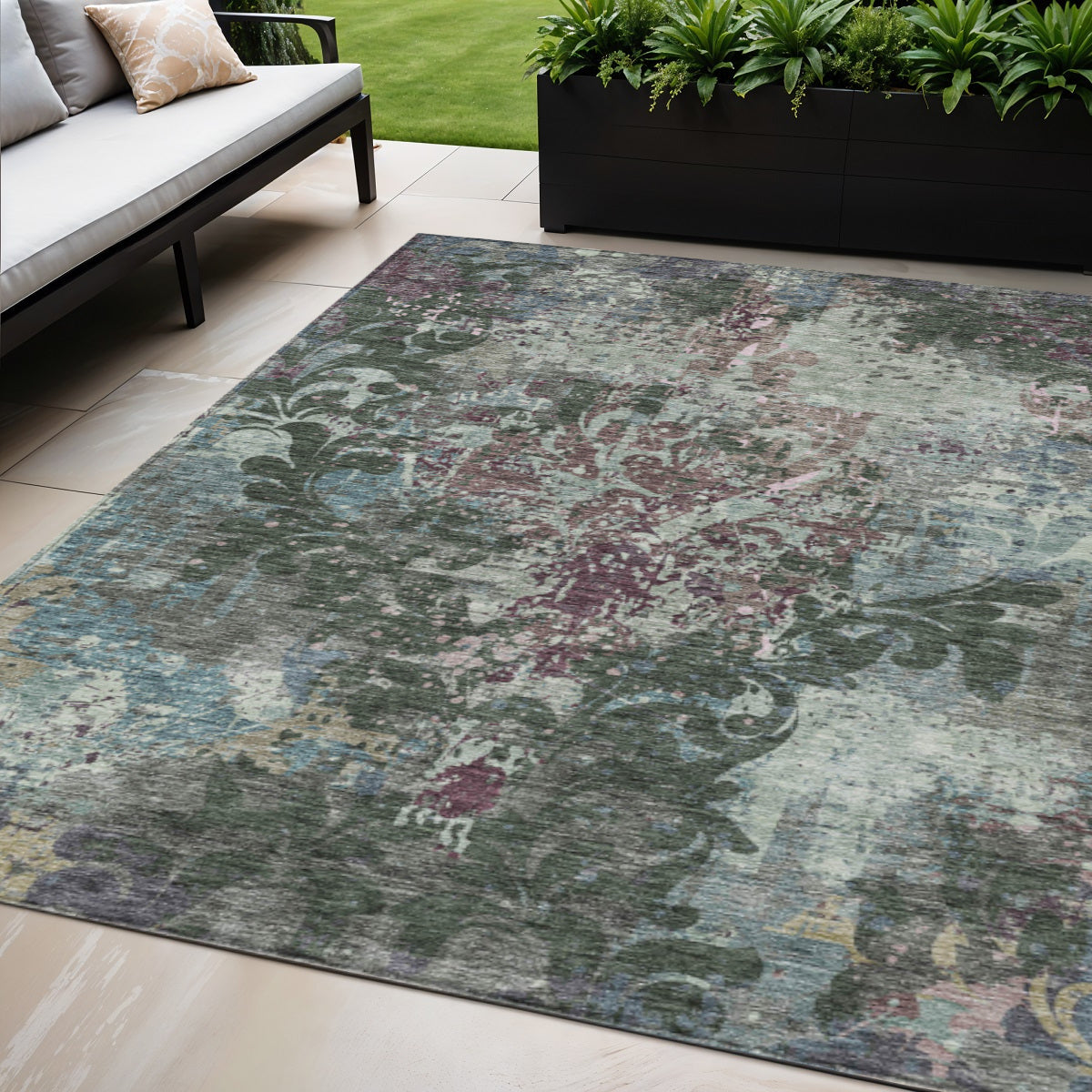 5 X 8 Fern Green And Purple Damask Washable Indoor Outdoor Area Rug