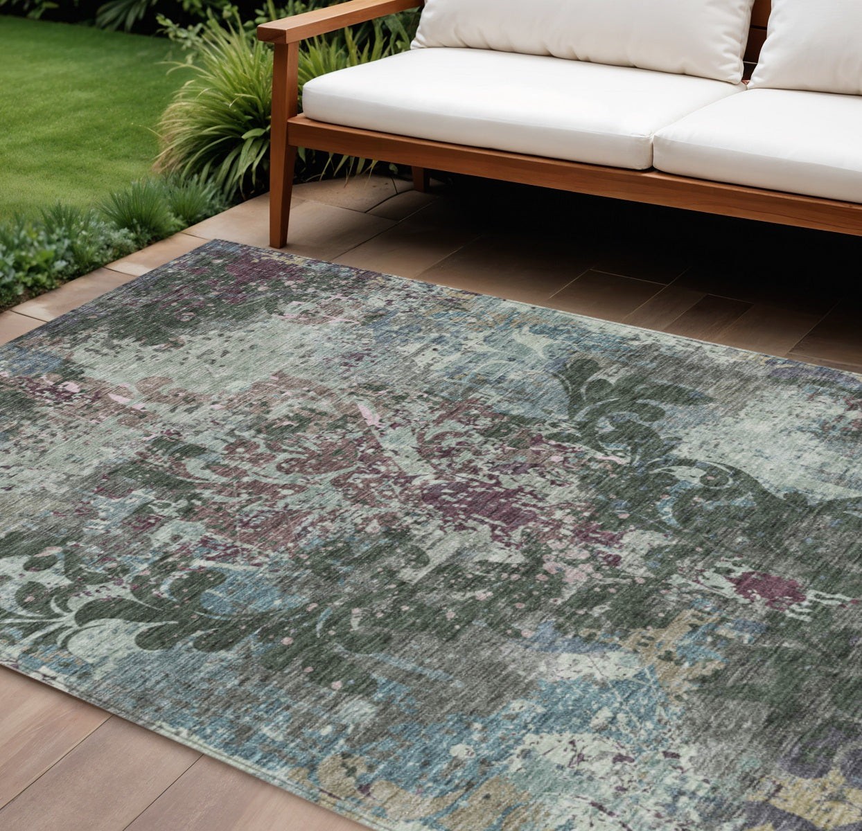 8 X 10 Fern Green And Purple Damask Washable Indoor Outdoor Area Rug