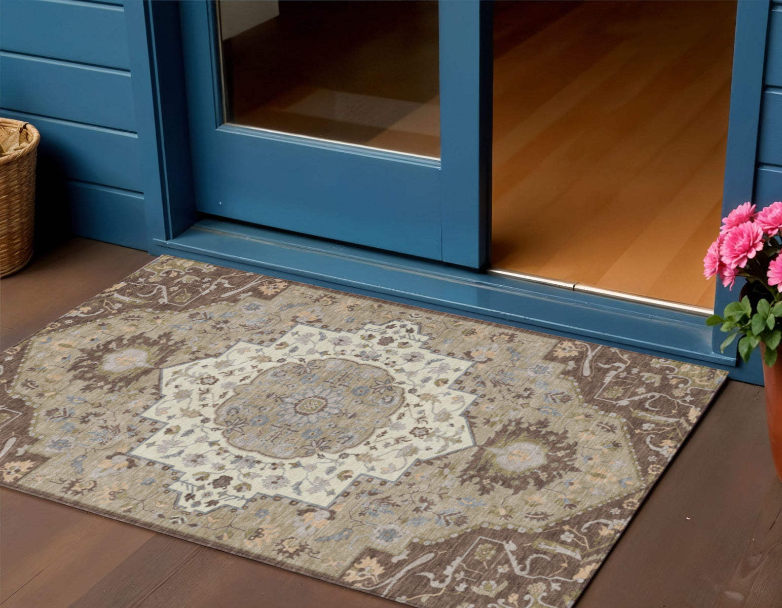 3 X 5 Chocolate Beige And Gray Oriental Washable Indoor Outdoor Area Rug